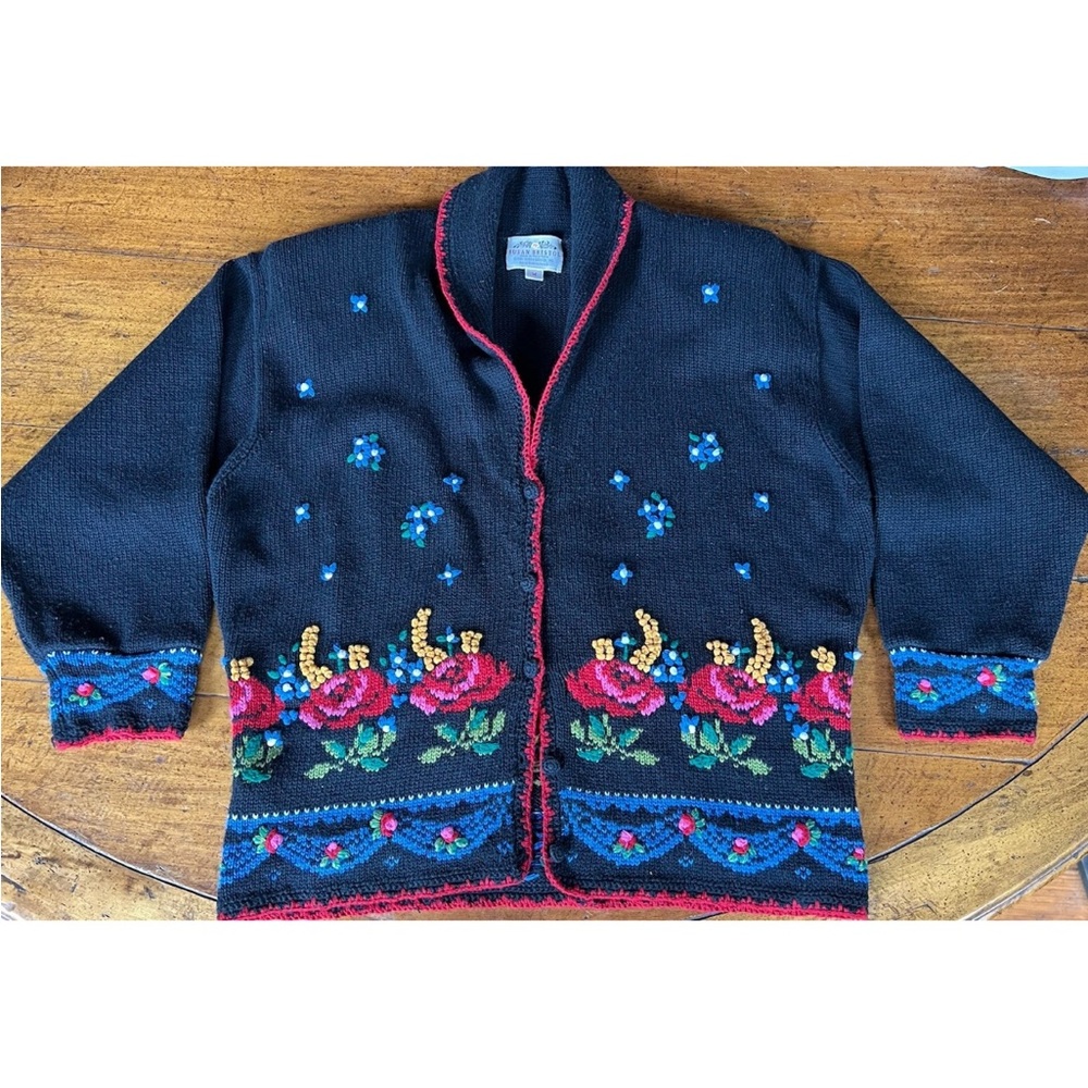Susan Bristol Black Cardigan with Vibrant Floral Embroidered Patterns